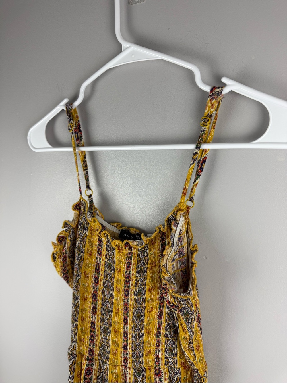 As U Wish Women’s Yellow Floral Striped Smocked Spaghetti Strap Dress SZ S Boho